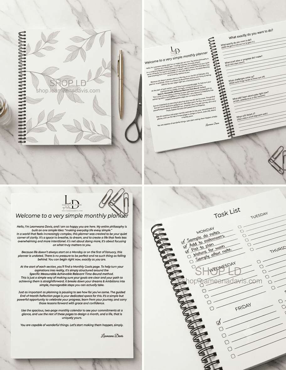 Undated monthly planner weekly task pages