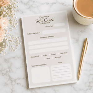 Self care daily planner notepad on desk with coffee and flowers